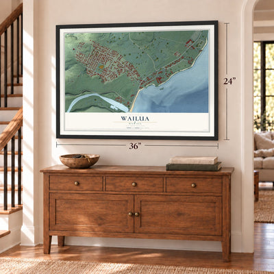 Wailua, Hawaii map, 24 x 36 inch print in a black frame above a dresser by a staircase