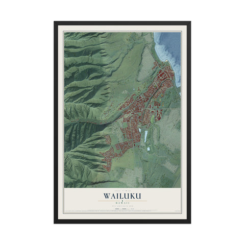 Map of Wailuku, Hawaii, 12 x 18 inch print in a black wood frame