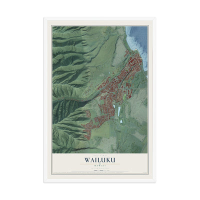 Map of Wailuku, Hawaii, 12 x 18 inch print in a white wood frame