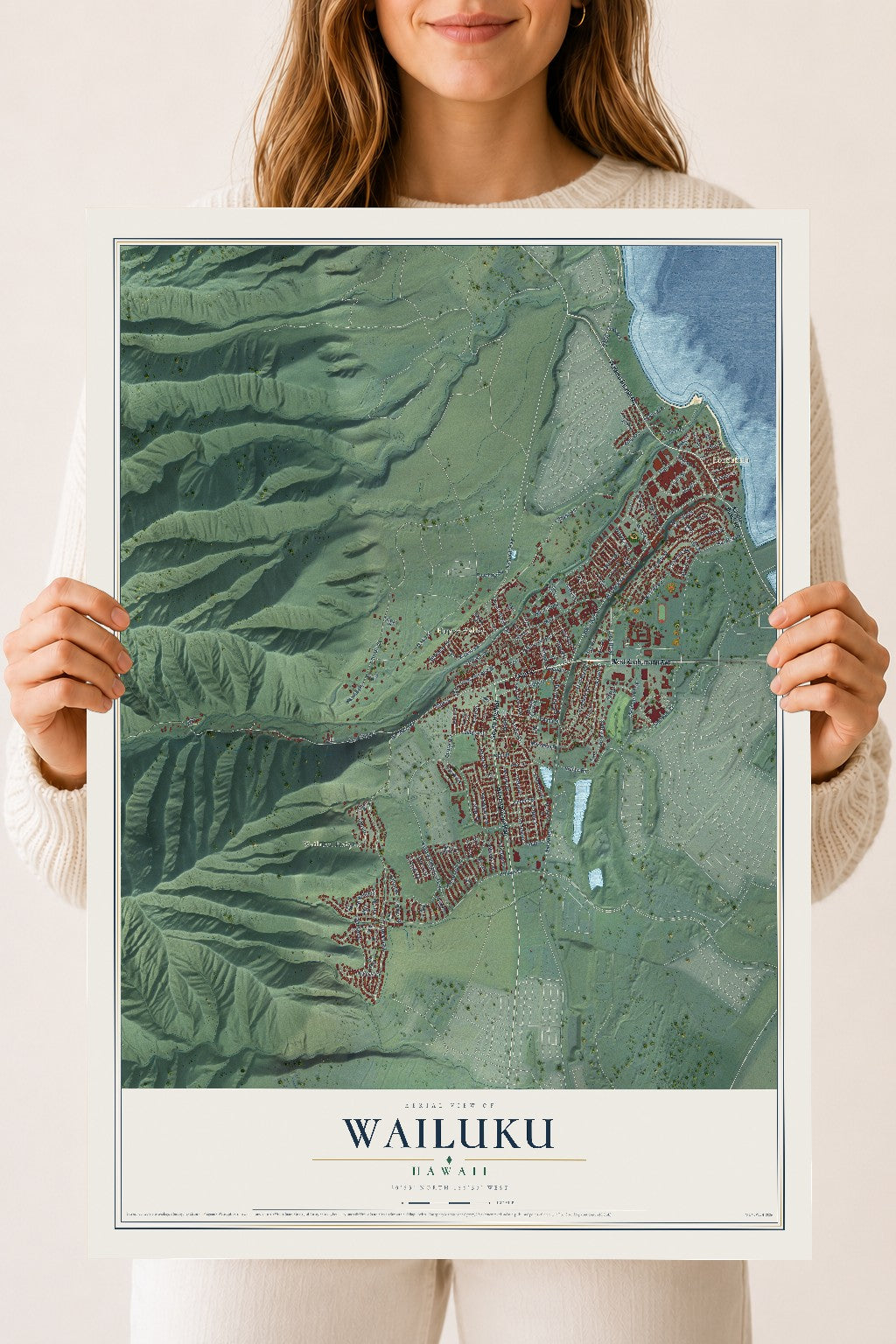 Map of Wailuku, Hawaii, 18 x 24 inch unframed archival matte print