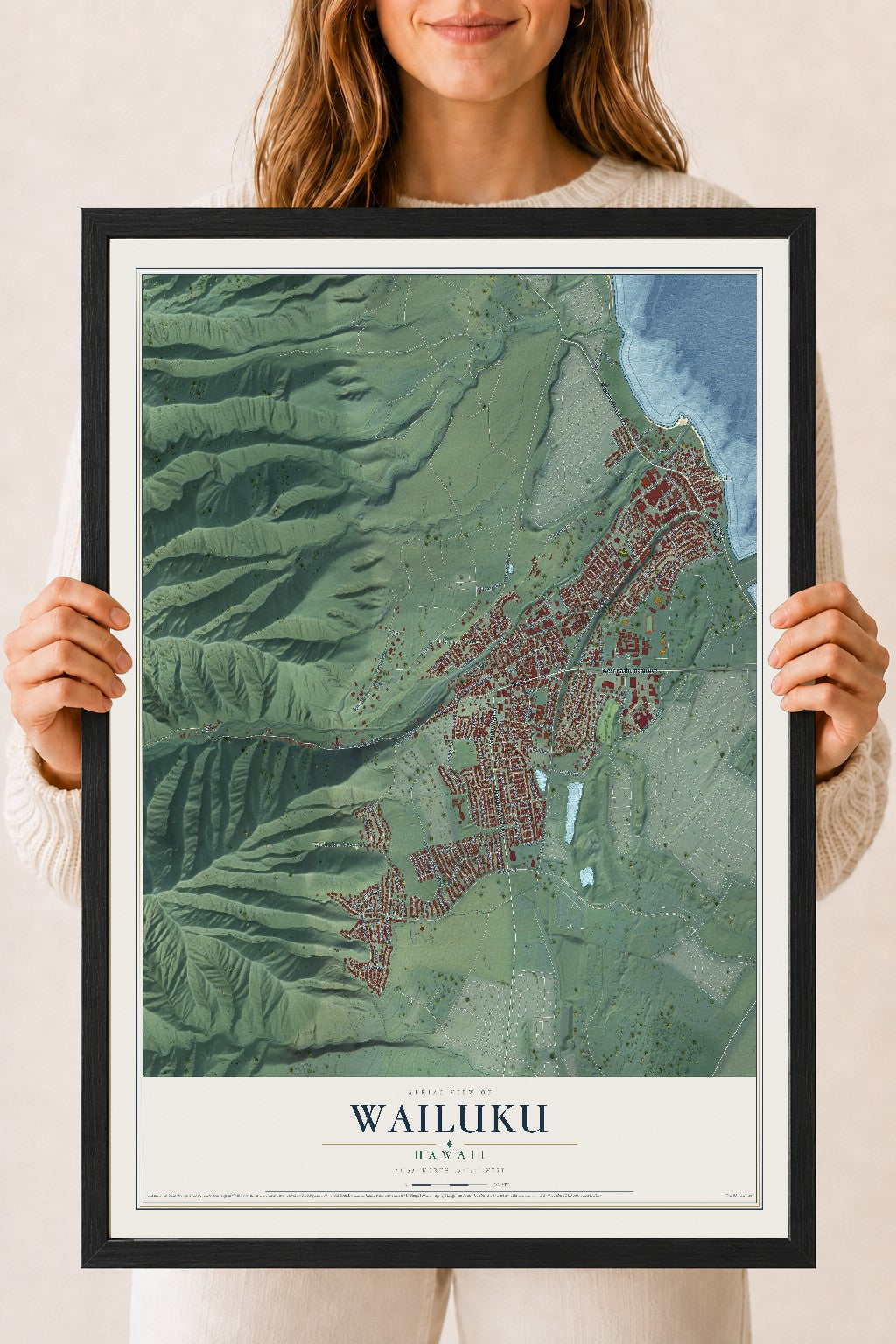 Map of Wailuku, Hawaii, 18 x 24 inch print in a black wood frame