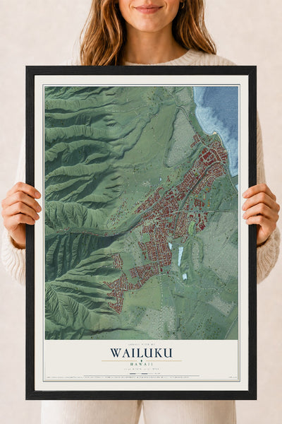 Map of Wailuku, Hawaii, 18 x 24 inch print in a black wood frame