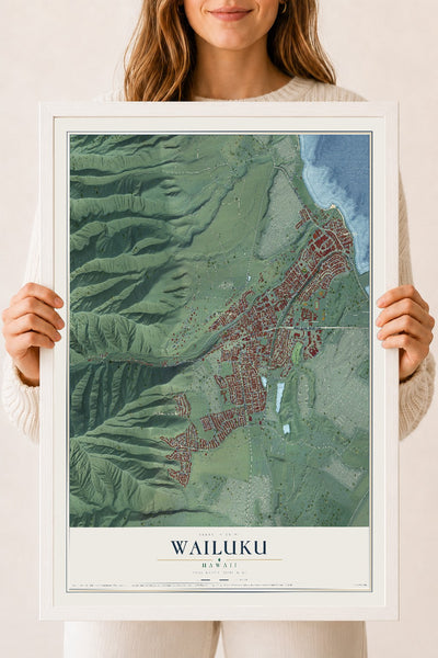 Map of Wailuku, Hawaii, 18 x 24 inch print in a white wood frame