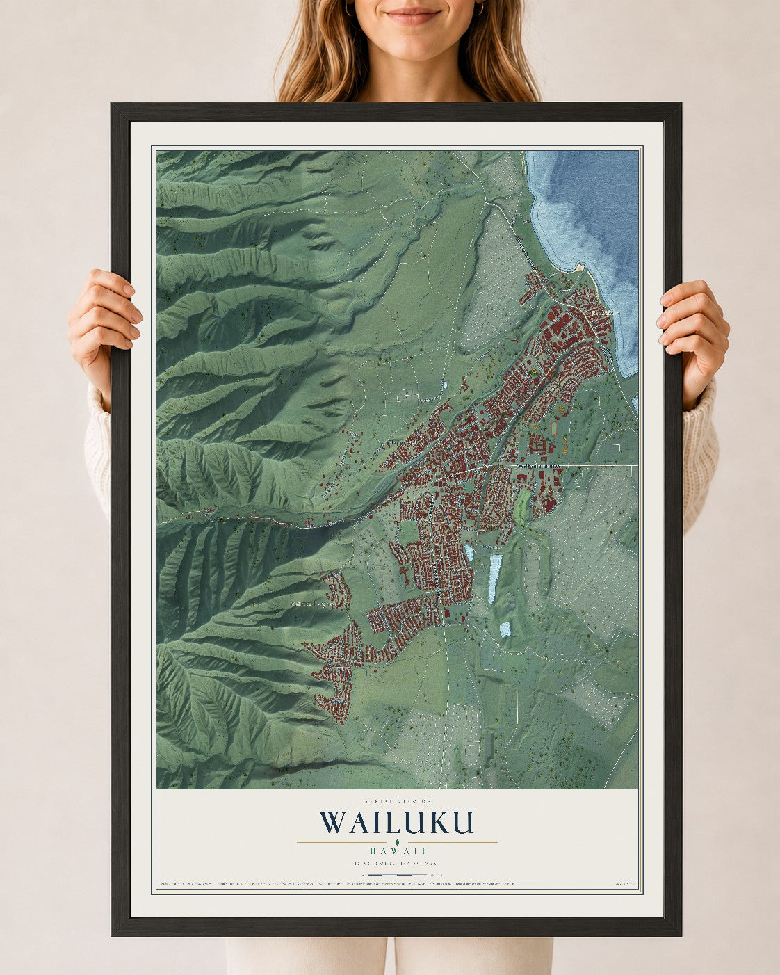 Map of Wailuku, Hawaii, 24 x 36 inch print in a black wood frame