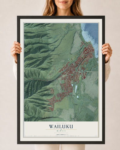 Map of Wailuku, Hawaii, 24 x 36 inch print in a black wood frame