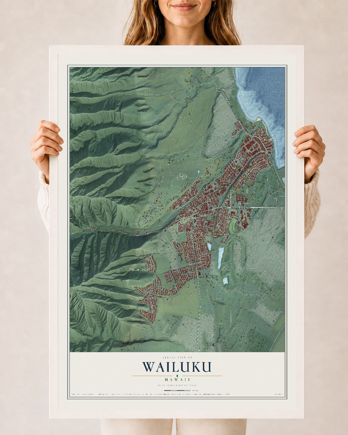 Map of Wailuku, Hawaii, 24 x 36 inch print in a white wood frame