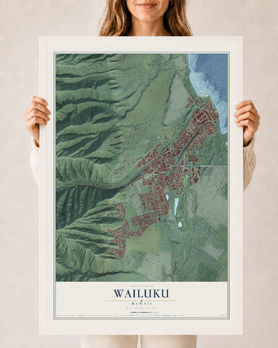 Map of Wailuku, Hawaii, 24 x 36 inch print in a white wood frame