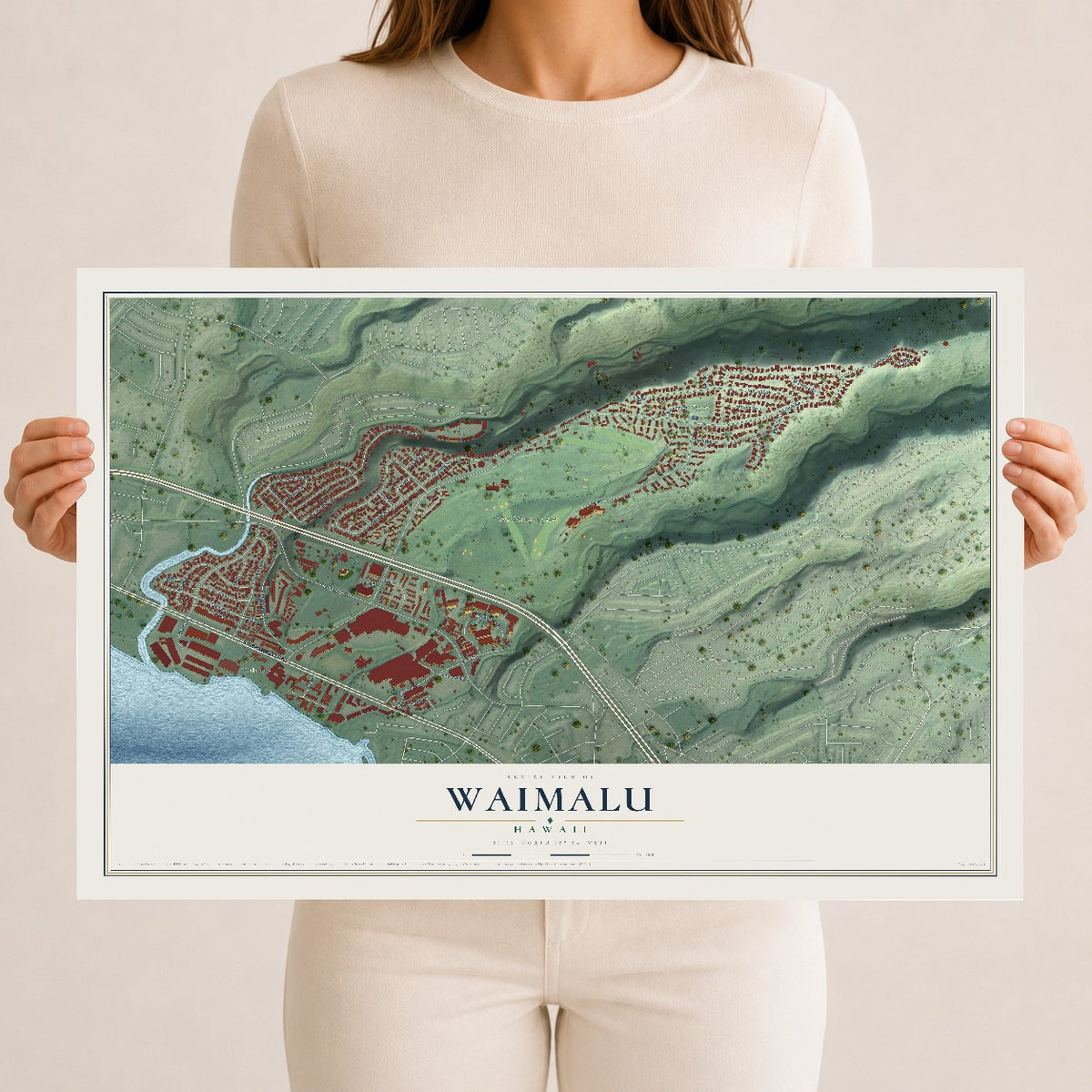 Map of Waimalu, Hawaii, 12 x 18 inch unframed archival matte print