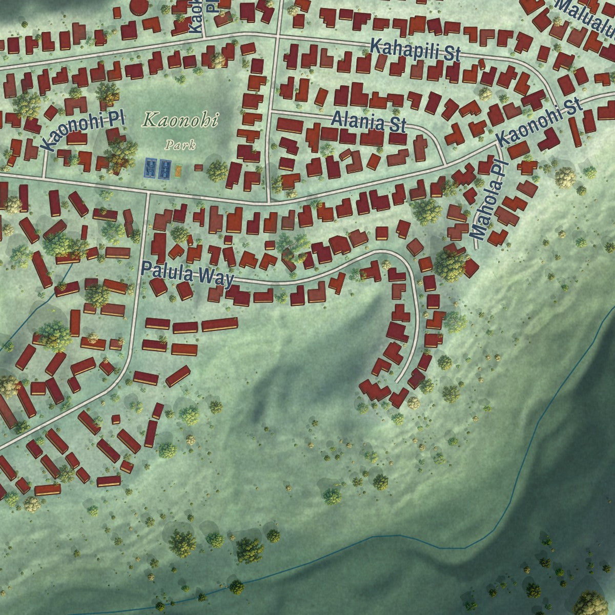 Close-up of the map of Waimalu, Hawaii print showing street and building detail