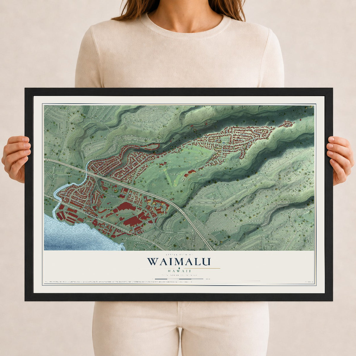 Map of Waimalu, Hawaii, 12 x 18 inch print in a black wood frame