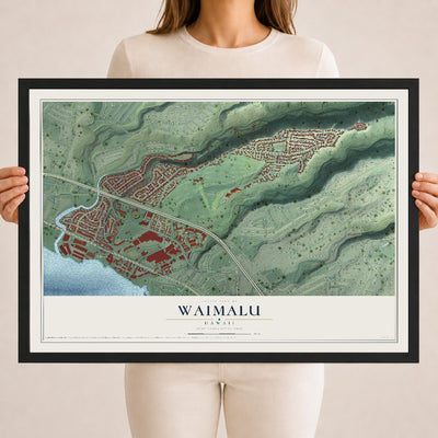 Map of Waimalu, Hawaii, 18 x 24 inch print in a black wood frame