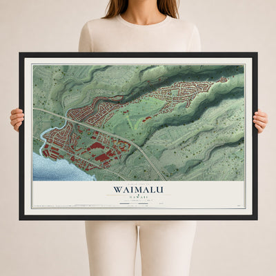 Map of Waimalu, Hawaii, 24 x 36 inch print in a black wood frame