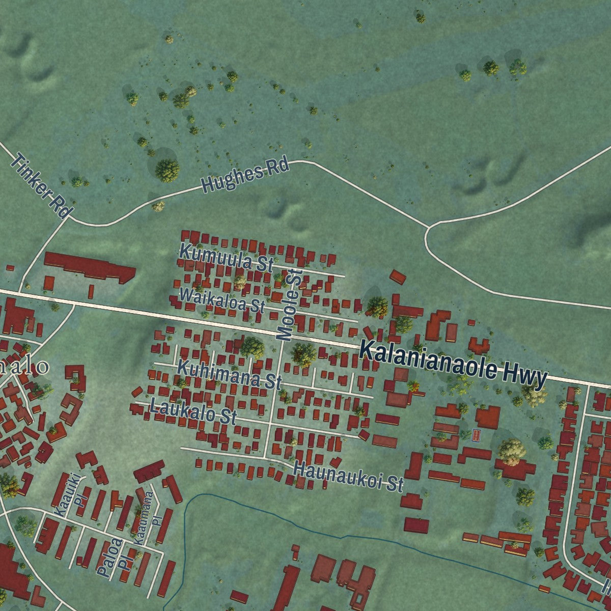 Second close-up of the map of Waimanalo, Hawaii print showing more streets and buildings