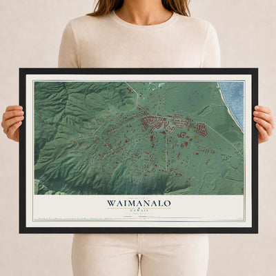 Map of Waimanalo, Hawaii, 12 x 18 inch print in a black wood frame