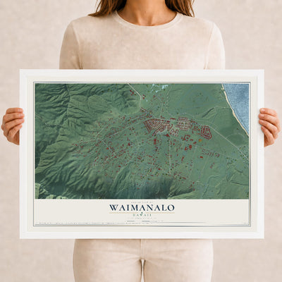 Map of Waimanalo, Hawaii, 12 x 18 inch print in a white wood frame
