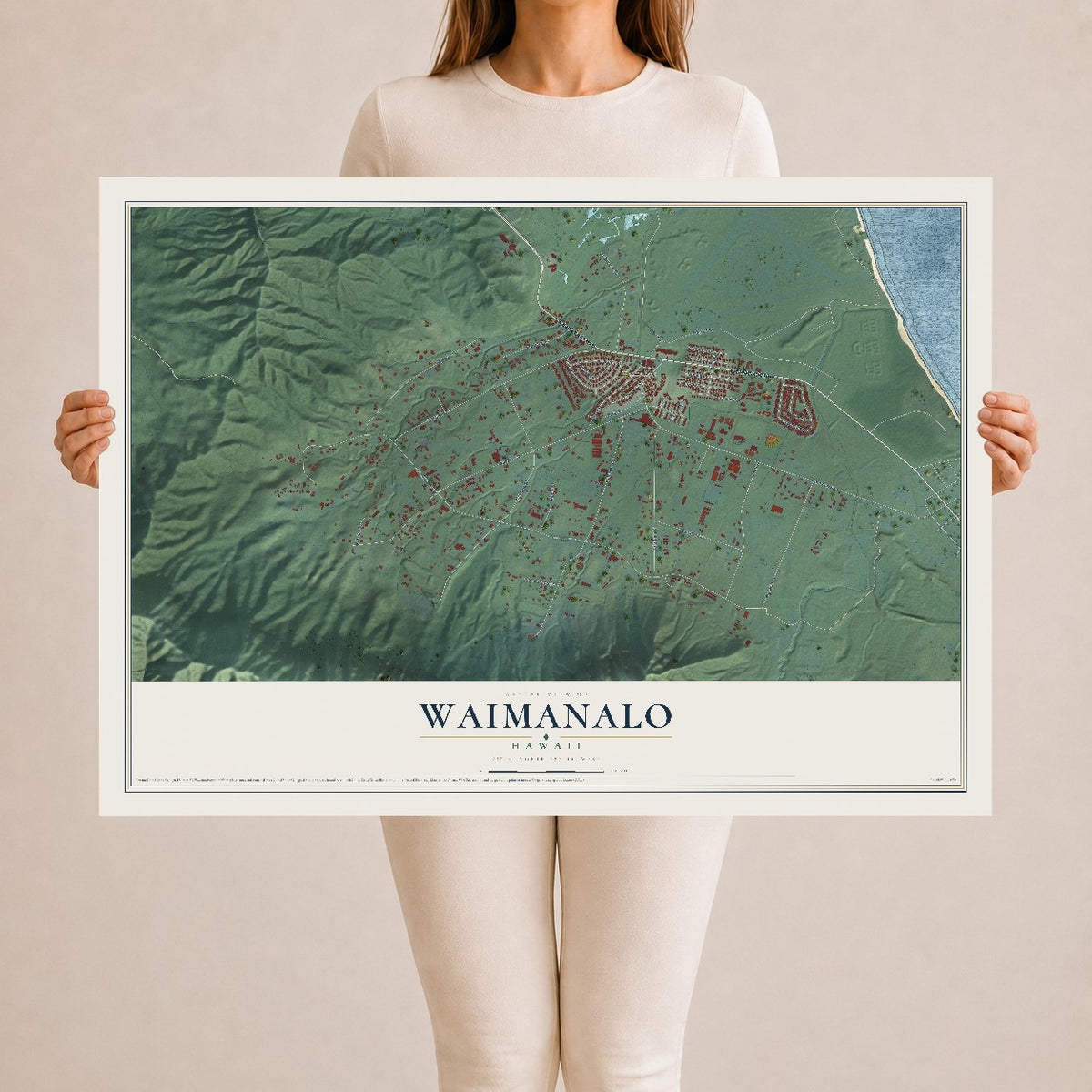 Map of Waimanalo, Hawaii, 24 x 36 inch unframed archival matte print