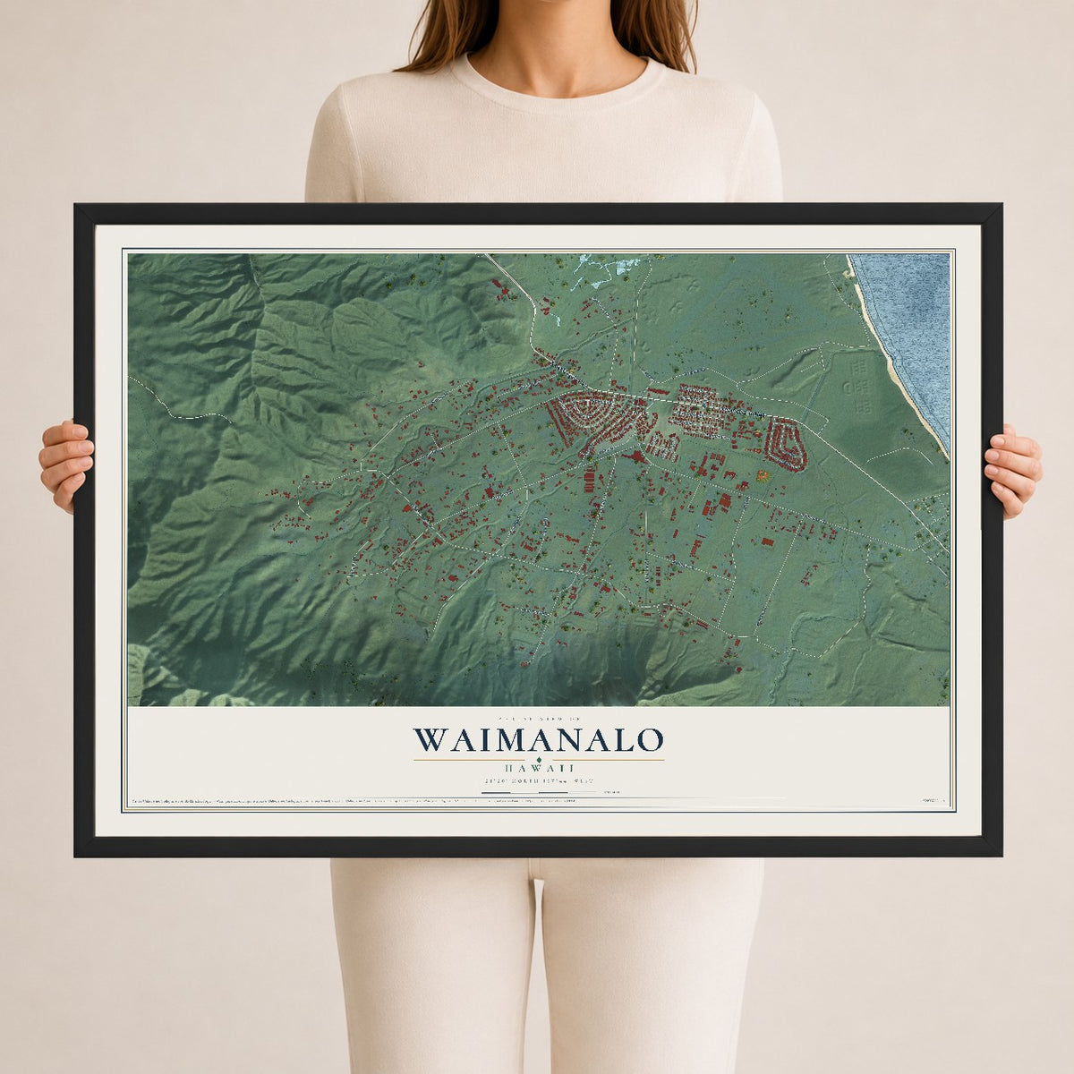 Map of Waimanalo, Hawaii, 24 x 36 inch print in a black wood frame