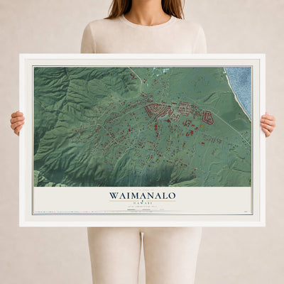 Map of Waimanalo, Hawaii, 24 x 36 inch print in a white wood frame