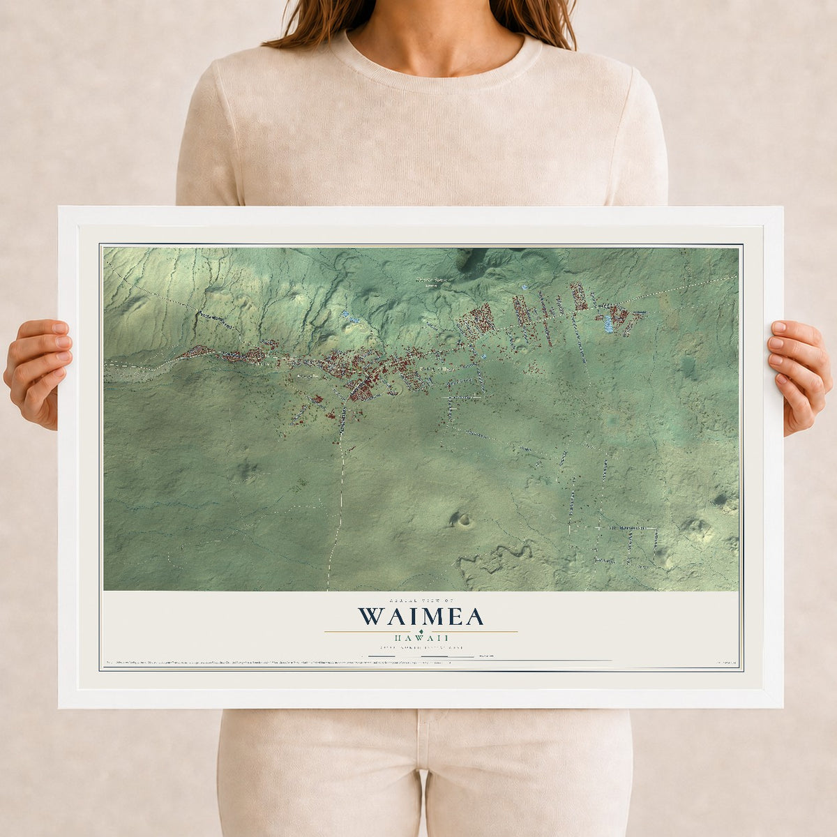 Map of Waimea, Hawaii, 12 x 18 inch print in a white wood frame