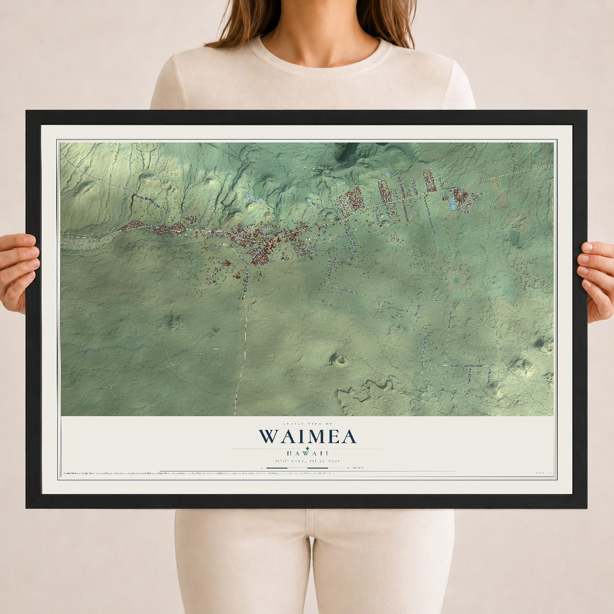 Map of Waimea, Hawaii, 18 x 24 inch print in a black wood frame