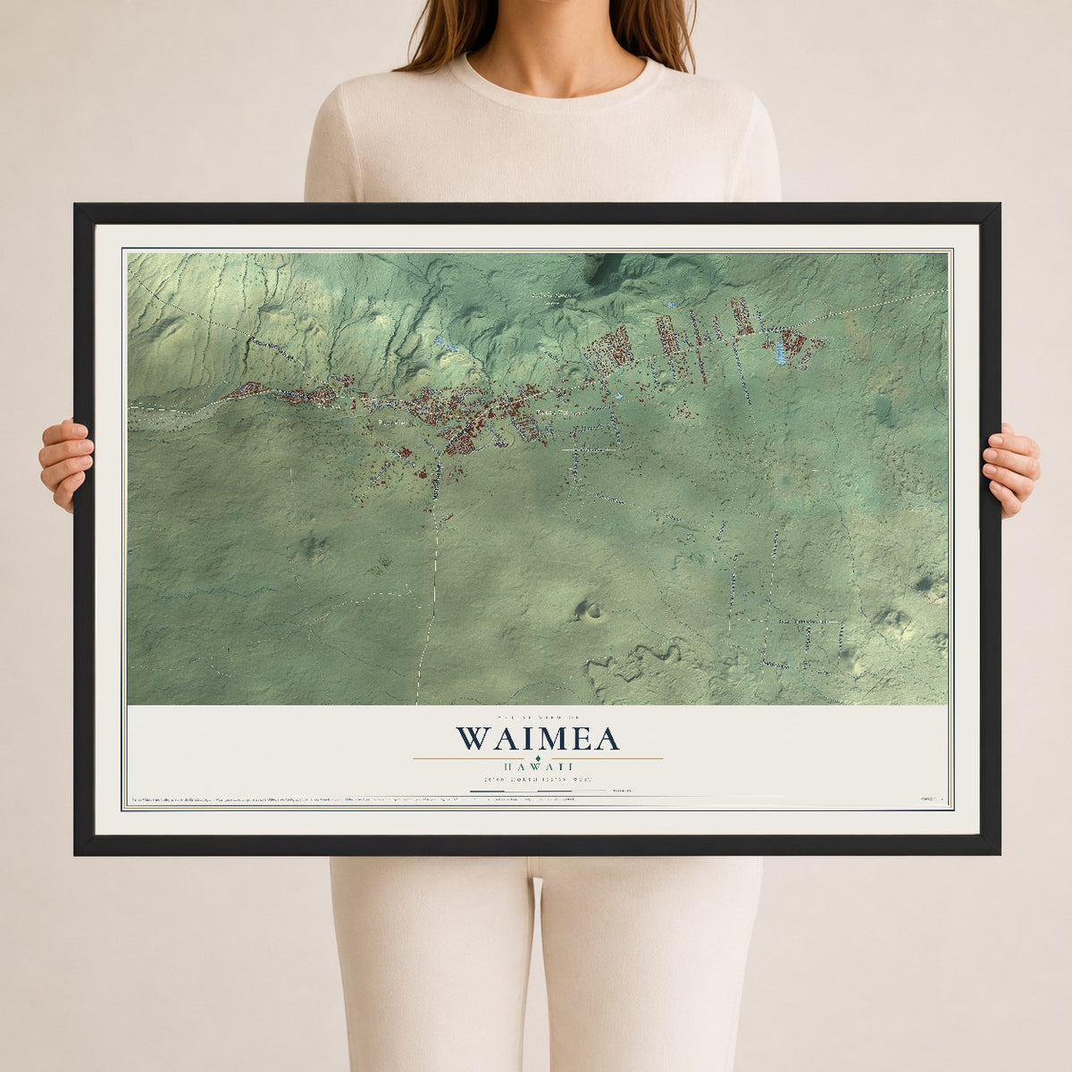Map of Waimea, Hawaii, 24 x 36 inch print in a black wood frame