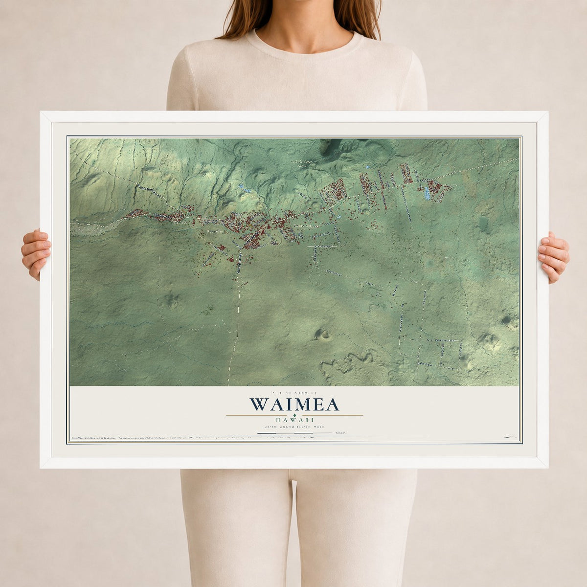 Map of Waimea, Hawaii, 24 x 36 inch print in a white wood frame