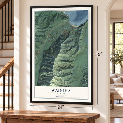 Wainiha, Hawaii map, 24 x 36 inch print in a black frame by a staircase