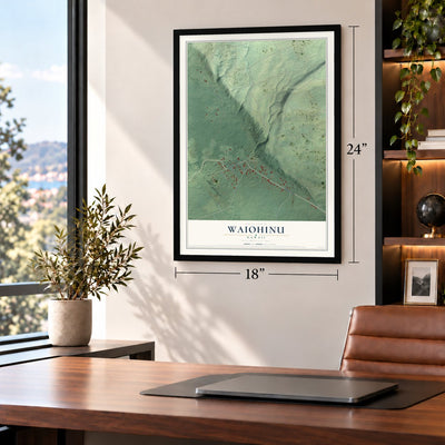 Waiohinu, Hawaii map, 18 x 24 inch print in a black frame in a home office