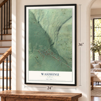 Waiohinu, Hawaii map, 24 x 36 inch print in a black frame by a staircase