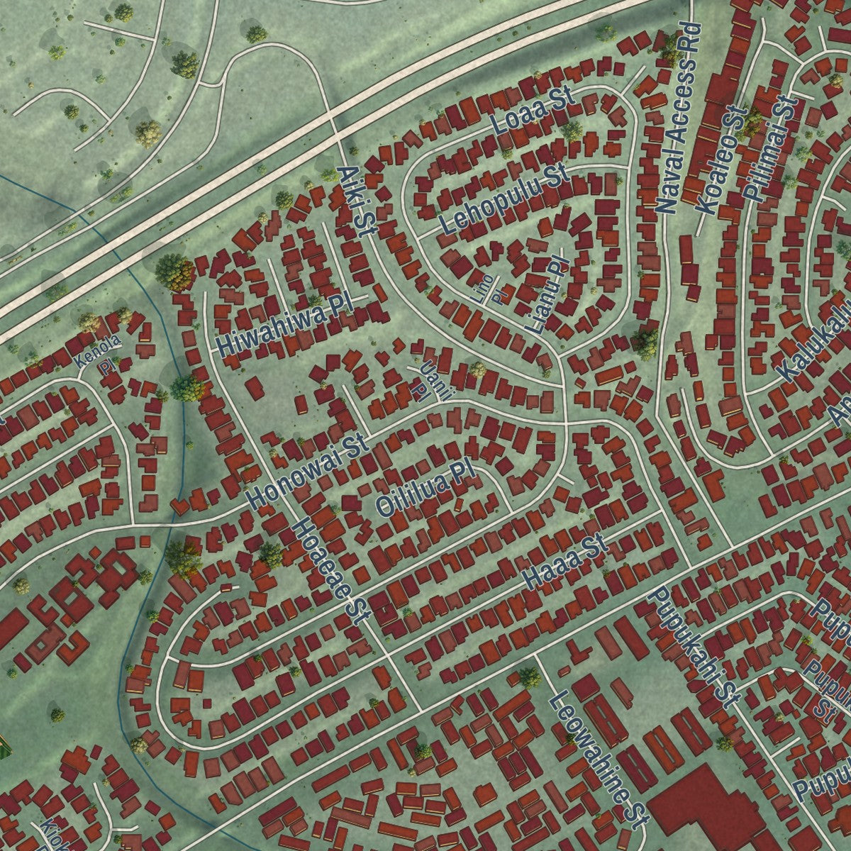 Second close-up of the map of Waipahu, Hawaii print showing more streets and buildings