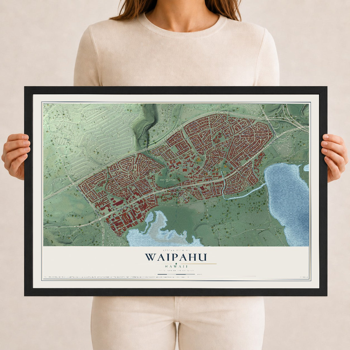 Map of Waipahu, Hawaii, 12 x 18 inch print in a black wood frame