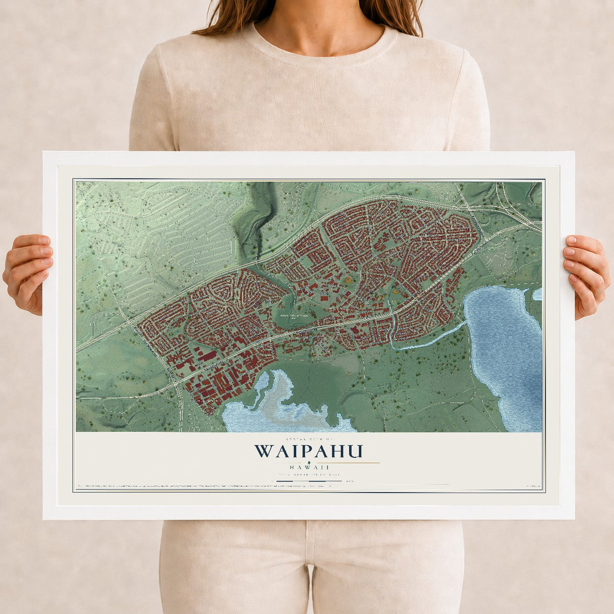 Map of Waipahu, Hawaii, 12 x 18 inch print in a white wood frame