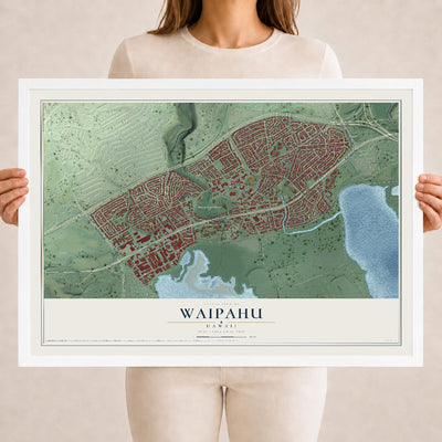 Map of Waipahu, Hawaii, 18 x 24 inch print in a white wood frame
