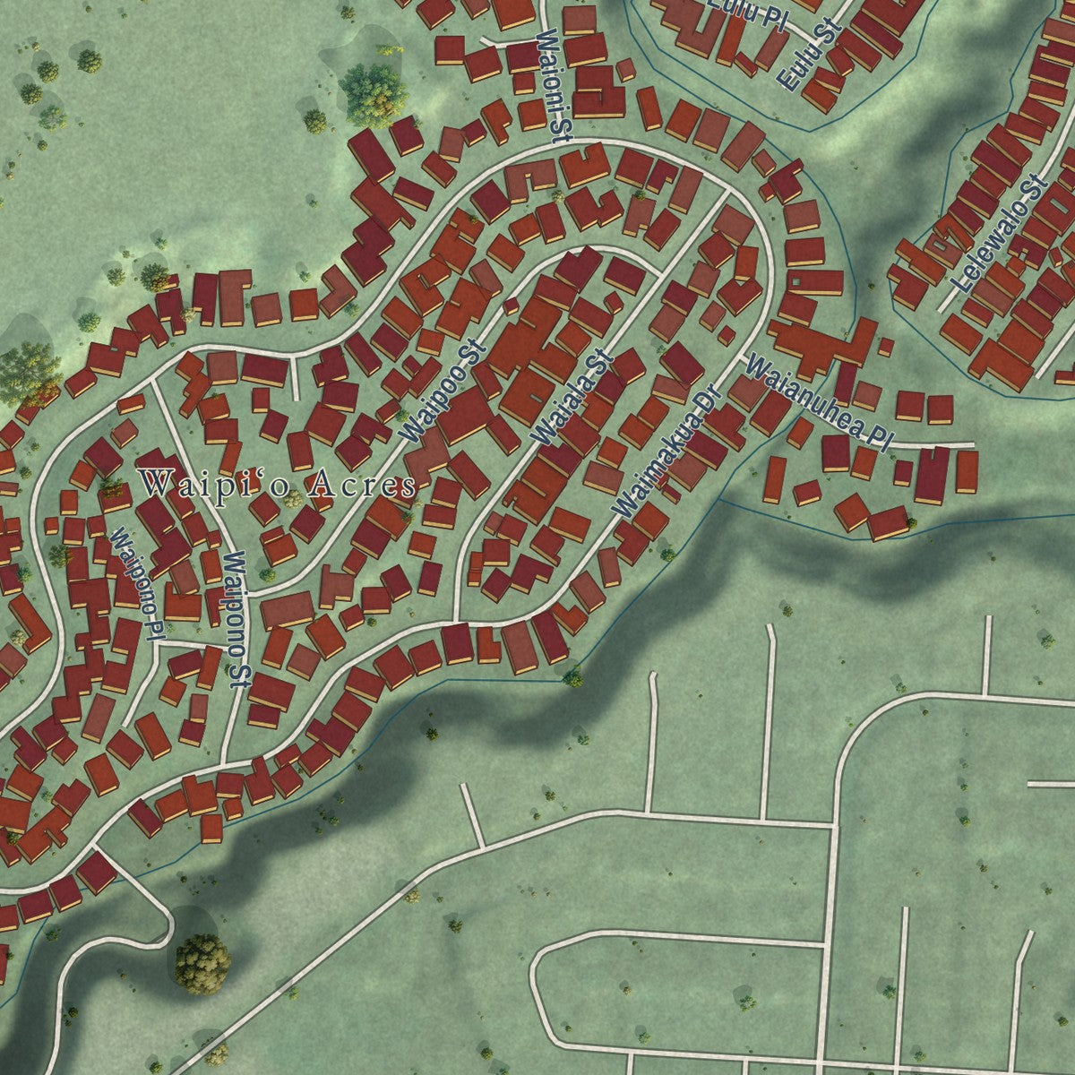 Close-up of the map of Waipio Acres, Hawaii print showing street and building detail