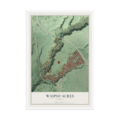 Map of Waipio Acres, Hawaii, 12 x 18 inch print in a white wood frame