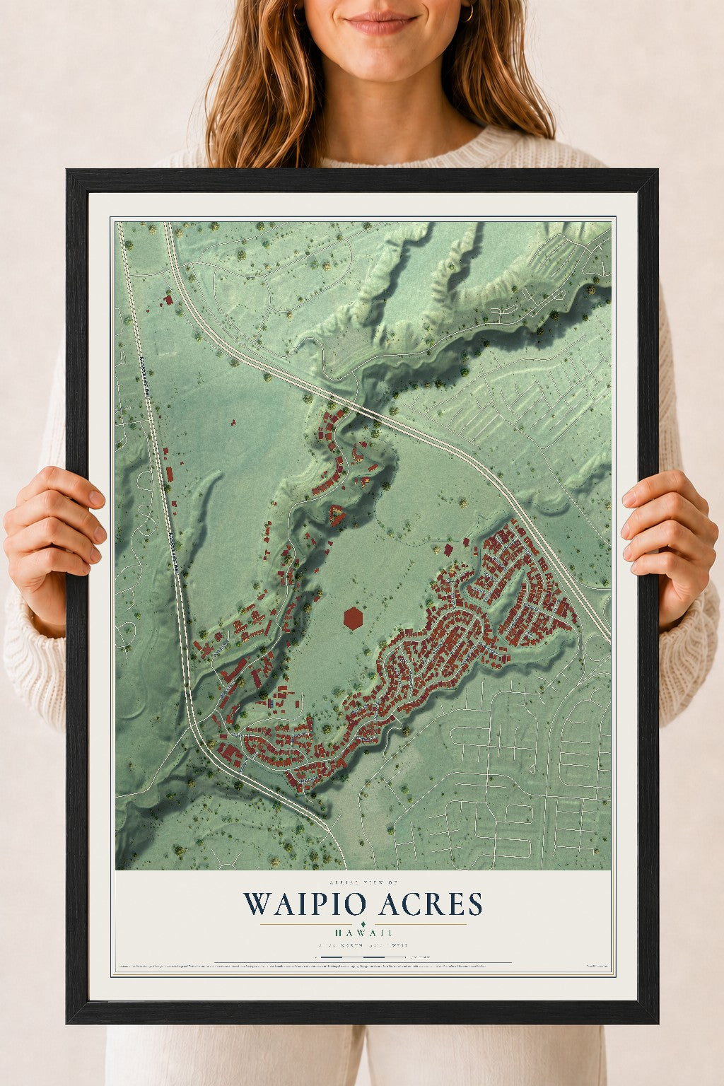 Map of Waipio Acres, Hawaii, 18 x 24 inch print in a black wood frame