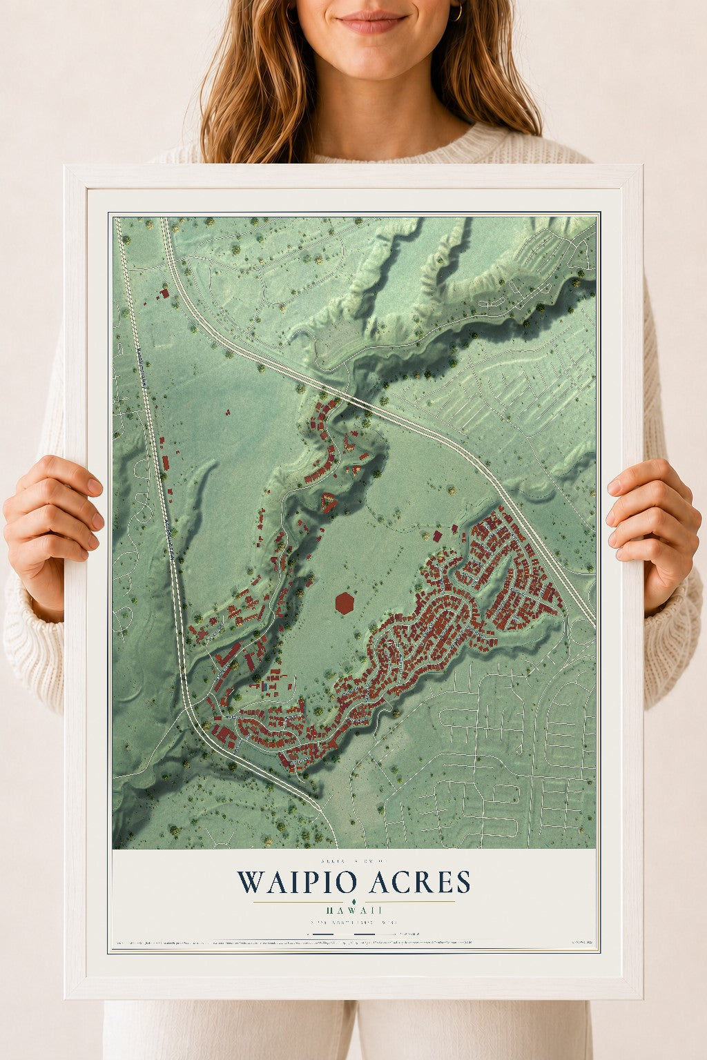 Map of Waipio Acres, Hawaii, 18 x 24 inch print in a white wood frame