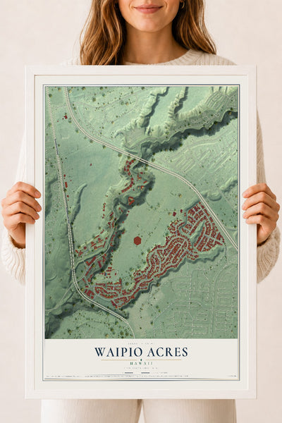 Map of Waipio Acres, Hawaii, 18 x 24 inch print in a white wood frame