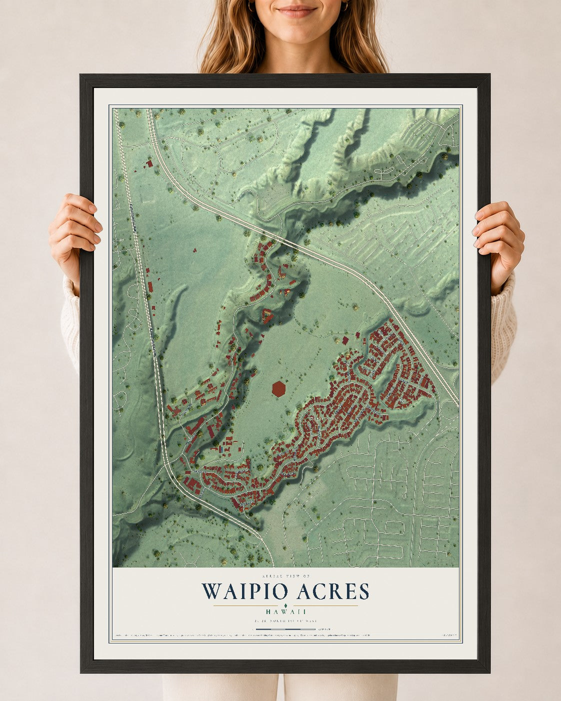 Map of Waipio Acres, Hawaii, 24 x 36 inch print in a black wood frame