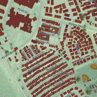 Second close-up of the map of Waipio, Hawaii print showing more streets and buildings