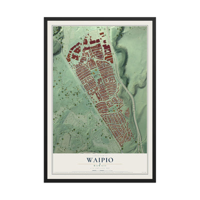 Map of Waipio, Hawaii, 12 x 18 inch print in a black wood frame