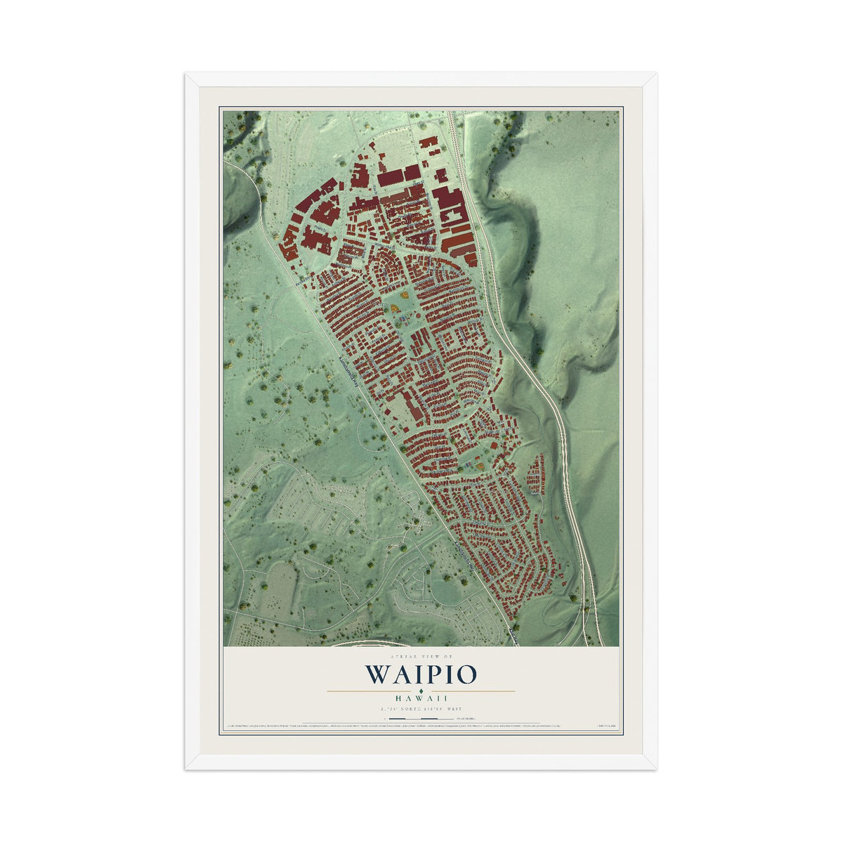 Map of Waipio, Hawaii, 12 x 18 inch print in a white wood frame
