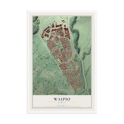 Map of Waipio, Hawaii, 12 x 18 inch print in a white wood frame