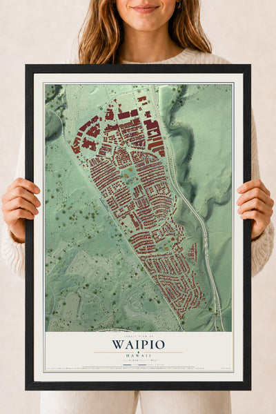 Map of Waipio, Hawaii, 18 x 24 inch print in a black wood frame