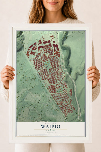 Map of Waipio, Hawaii, 18 x 24 inch print in a white wood frame