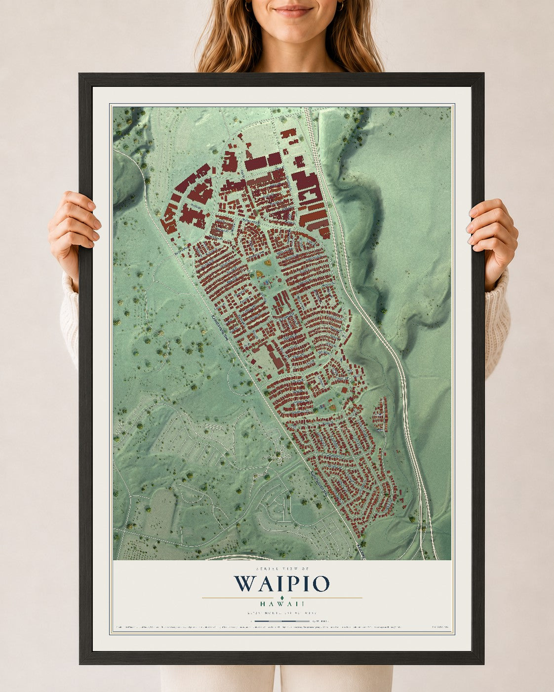 Map of Waipio, Hawaii, 24 x 36 inch print in a black wood frame