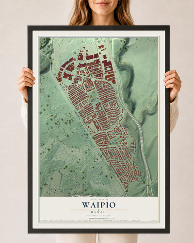 Map of Waipio, Hawaii, 24 x 36 inch print in a black wood frame