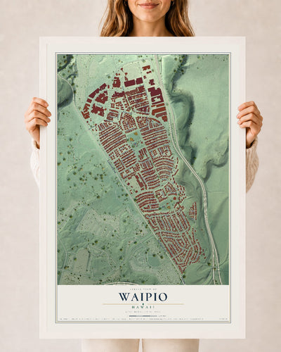 Map of Waipio, Hawaii, 24 x 36 inch print in a white wood frame