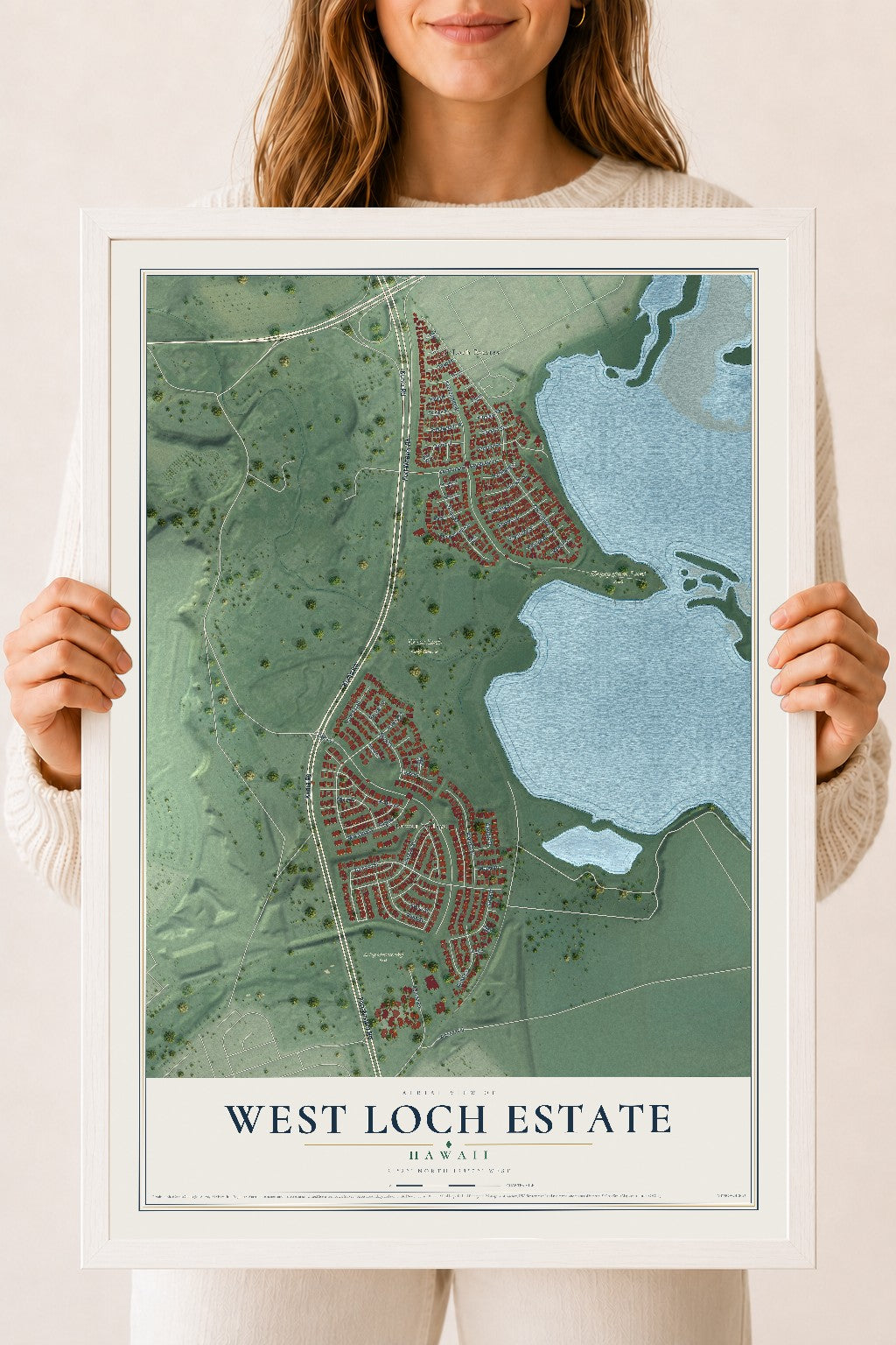 Map of West Loch Estate, Hawaii, 18 x 24 inch print in a white wood frame