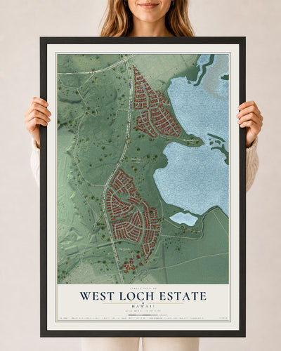 Map of West Loch Estate, Hawaii, 24 x 36 inch print in a black wood frame